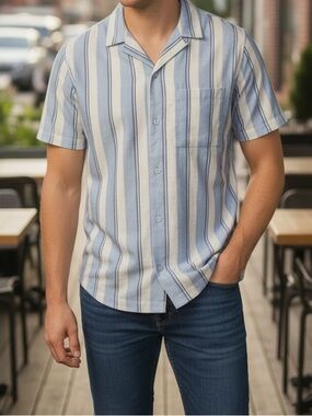 GAP Men’s Linen Blend Short Sleeve Button Up Shirt XXL Blue NWT